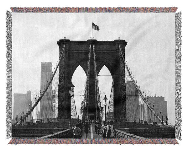 Cycling To The City Through Brooklyn Bridge Woven Blanket