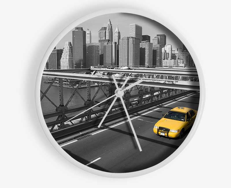 Yellow Cab On Brooklyn Bridge 1 Clock - Wallart-Direct UK