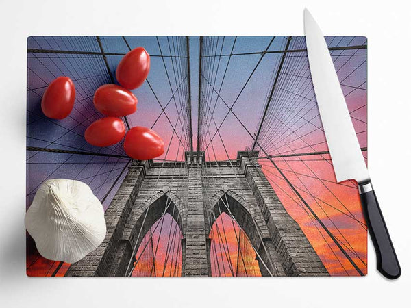 Fire Skies Above Brooklyn Bridge Glass Chopping Board