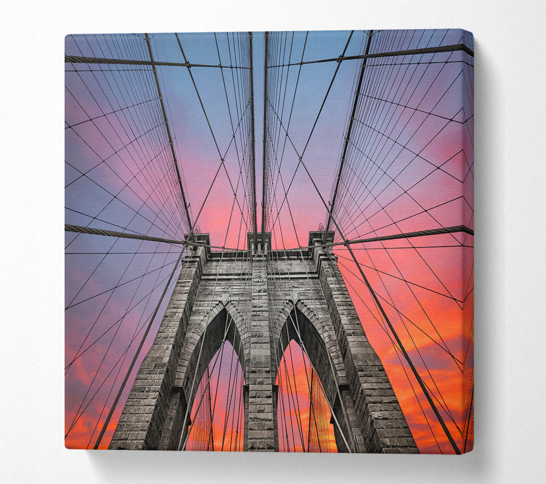 A Square Canvas Print Showing Fire Skies Above Brooklyn Bridge Square Wall Art