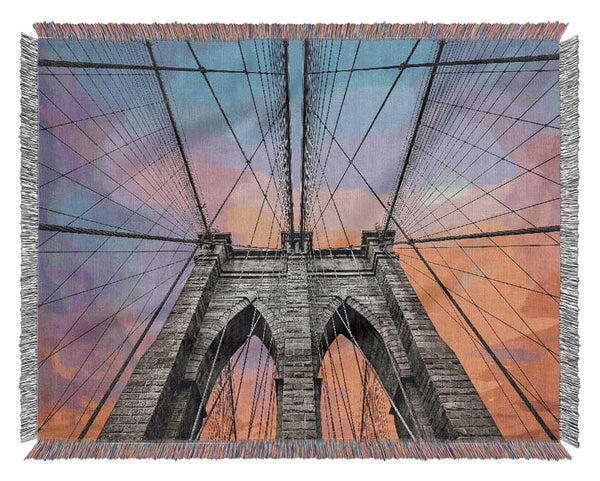 Fire Skies Above Brooklyn Bridge Woven Blanket