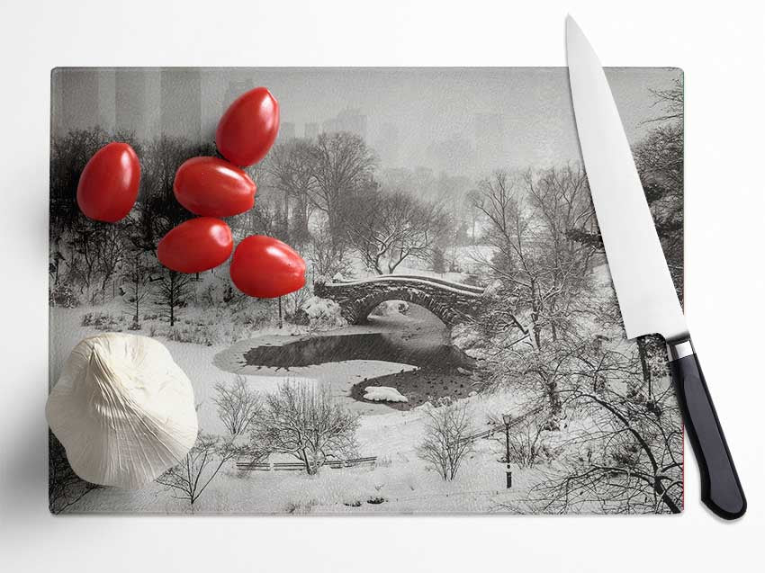 Snowing In Central Park Glass Chopping Board