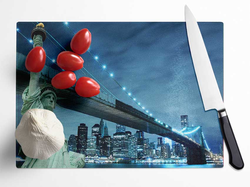 Statue Of Liberty Brooklyn Bridge Nights Glass Chopping Board