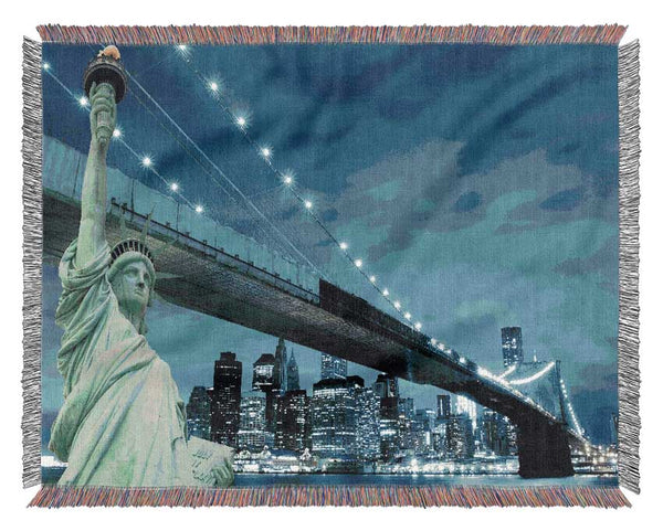 Statue Of Liberty Brooklyn Bridge Nights Woven Blanket