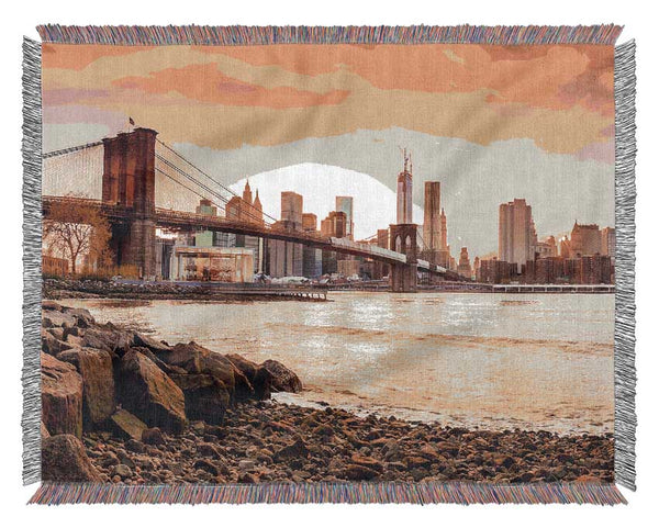 As The Sun Comes Up Over The Brooklyn Bridge Woven Blanket