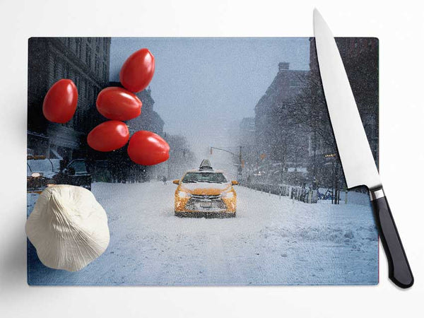 Yellow Cab In The Snow Glass Chopping Board