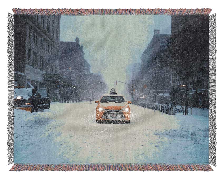 Yellow Cab In The Snow Woven Blanket