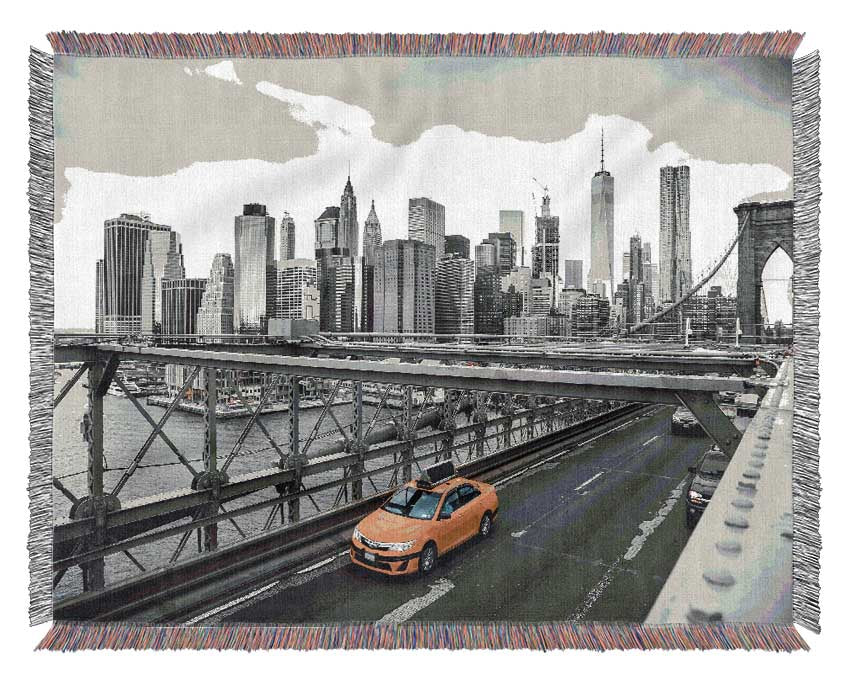 Yellow Cab On Brooklyn Bridge Woven Blanket