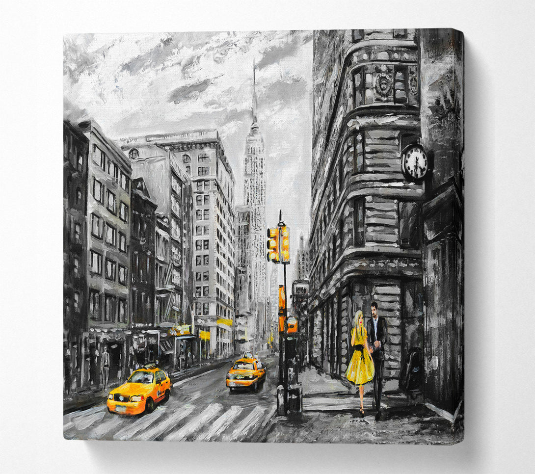 A Square Canvas Print Showing Romantic Walk In The Big Yellow City Square Wall Art