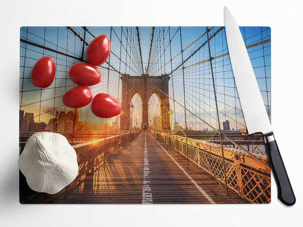 Sunset Through Brooklyn Bridge Glass Chopping Board