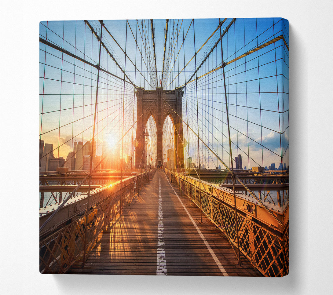 A Square Canvas Print Showing Sunset Through Brooklyn Bridge Square Wall Art