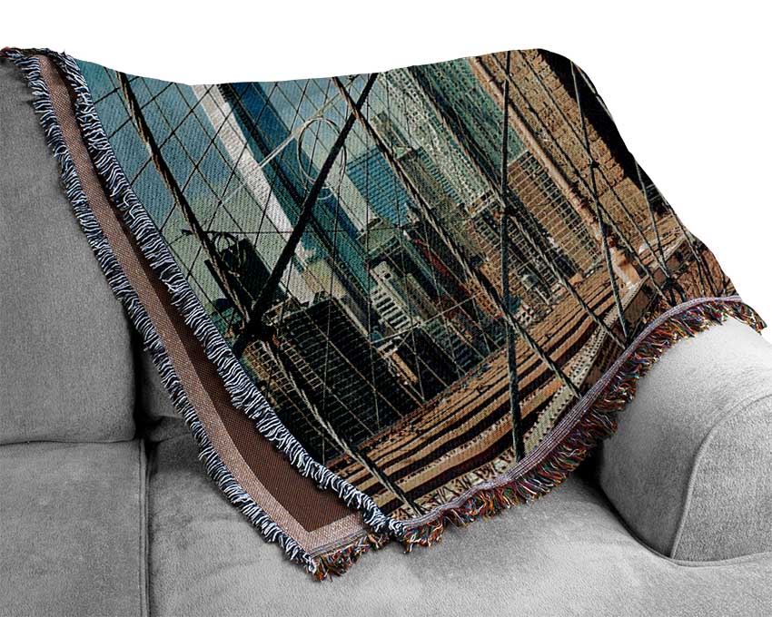 Walking Through The Brooklyn Bridge Woven Blanket