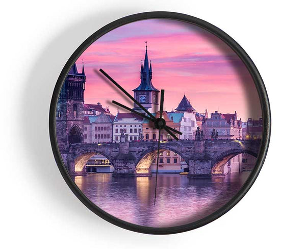 Stunning Charles Bridge Pink Clock - Wallart-Direct UK