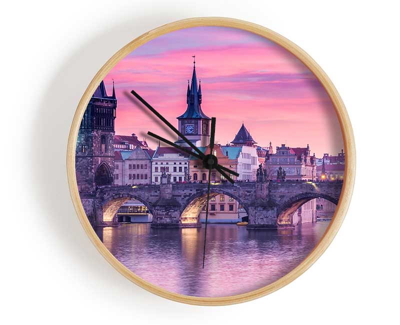 Stunning Charles Bridge Pink Clock - Wallart-Direct UK