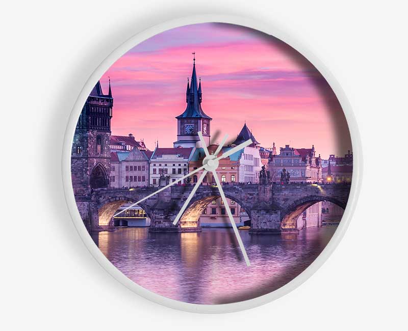 Stunning Charles Bridge Pink Clock - Wallart-Direct UK