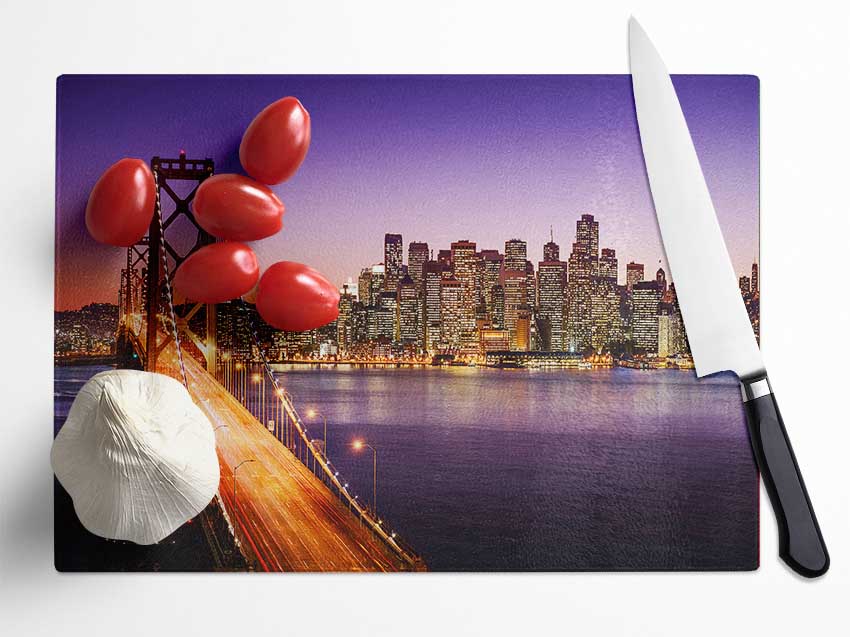 Golden Gate Bridge Purple Waters Glass Chopping Board