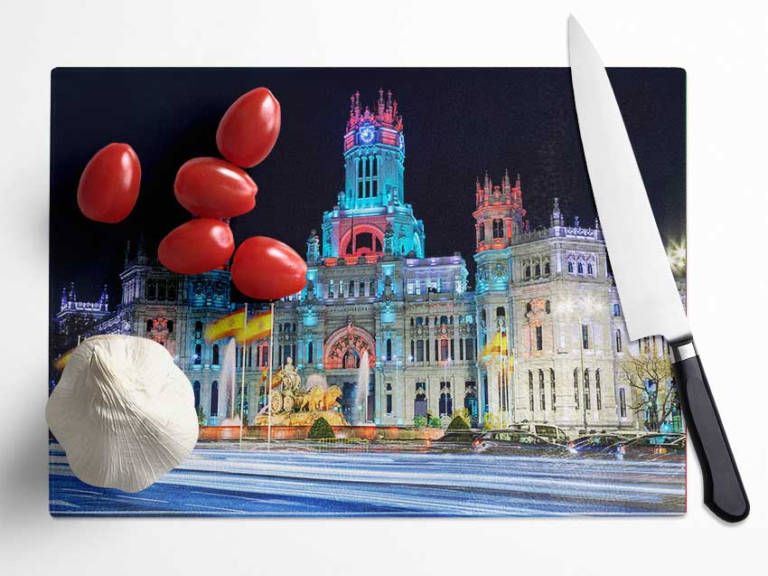 Madrid City Building At Glass Chopping Board