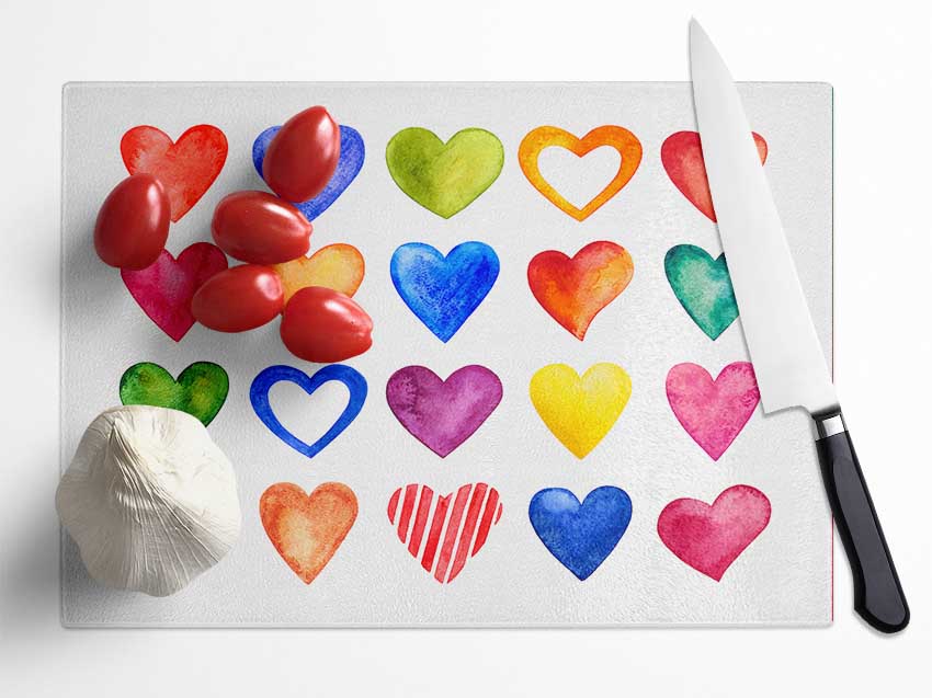 Colourful hearts Glass Chopping Board