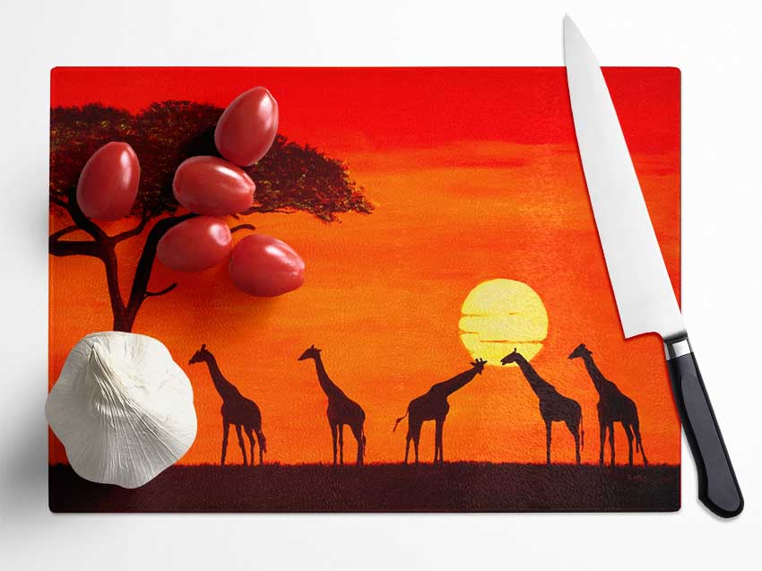 Giraffes At The Sunset Glass Chopping Board