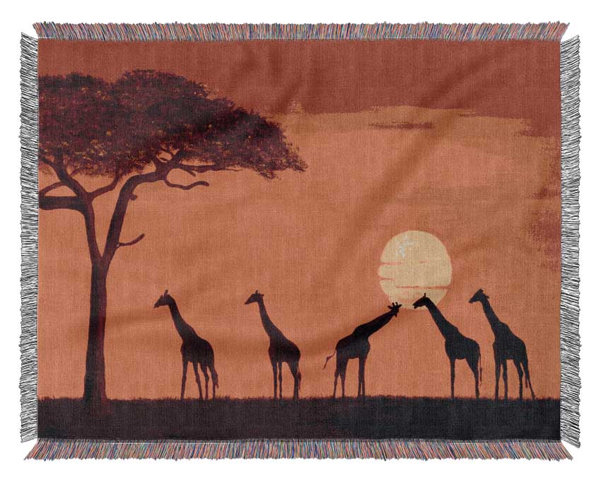 Giraffes At The Sunset Woven Blanket