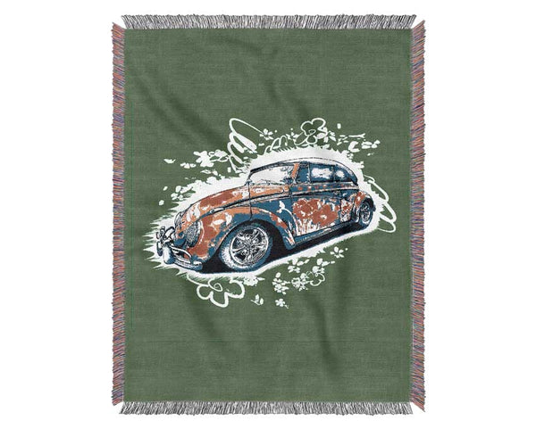 VW Beetle Flower Power Green Woven Blanket