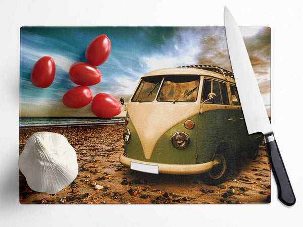 VW Camper At The Beach Green Glass Chopping Board