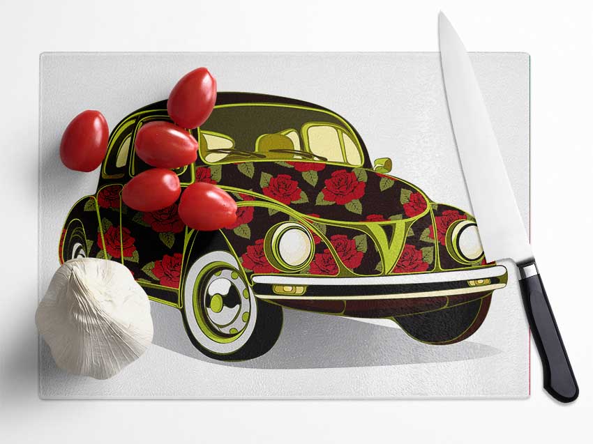 VW Beetle Flower Power Glass Chopping Board