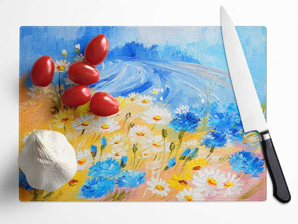 Daisy Yellow Blues Glass Chopping Board