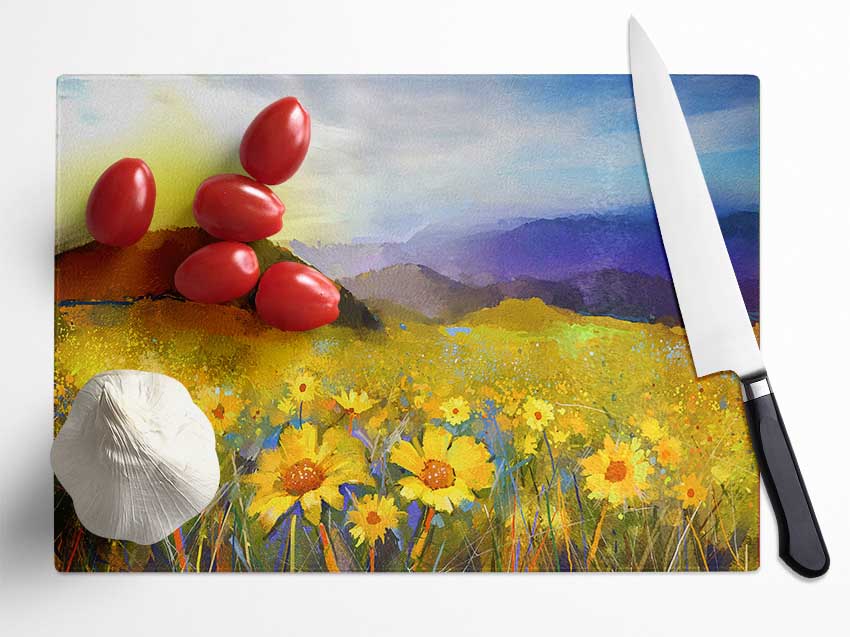 Yellow Mountain Sunrise Glass Chopping Board