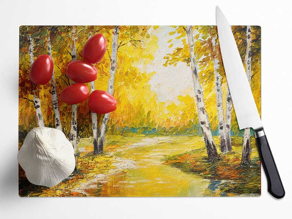 Yellow Silver Birch Walk Glass Chopping Board