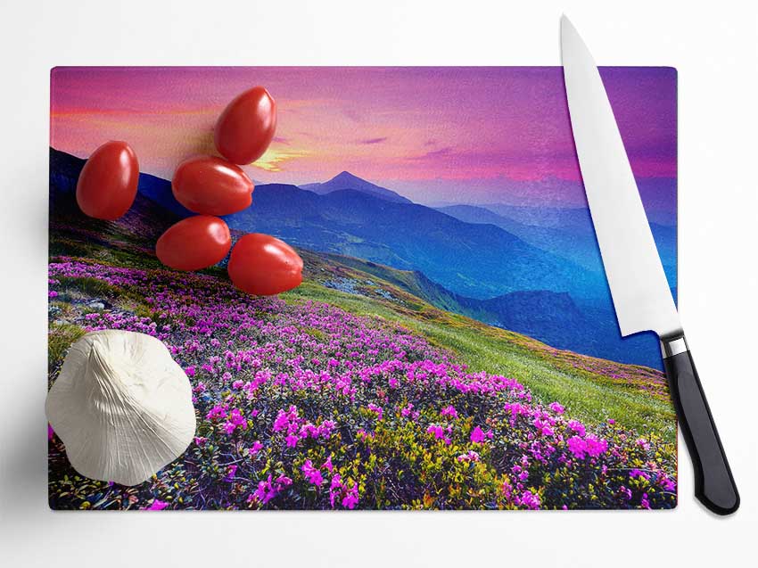 Pink Flower Mountain Top Glass Chopping Board