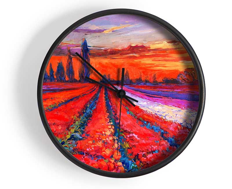 Red Tulip Field Sunset Clock - Wallart-Direct UK