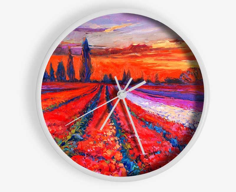 Red Tulip Field Sunset Clock - Wallart-Direct UK