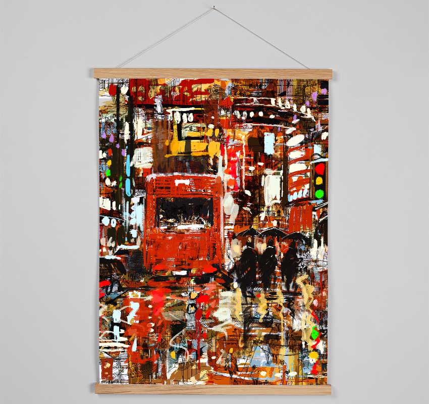 Red Bus In The Busy Streets Hanging Poster - Wallart-Direct UK