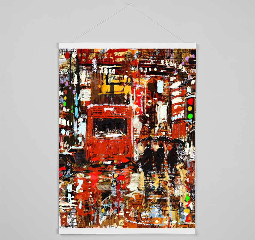 Red Bus In The Busy Streets Hanging Poster - Wallart-Direct UK