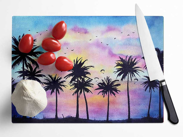 Palm Tree Birds Glass Chopping Board