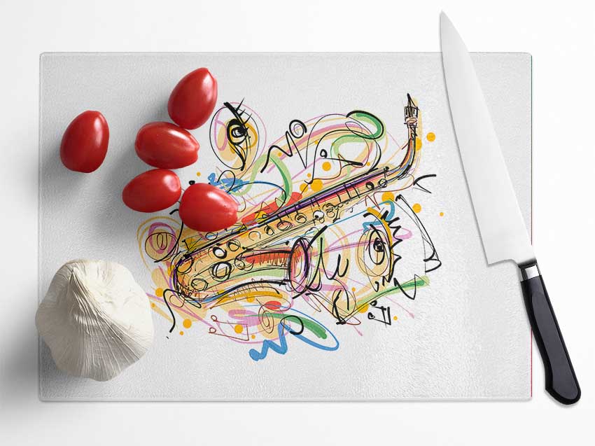 Saxophone Rainbow Tunes Glass Chopping Board