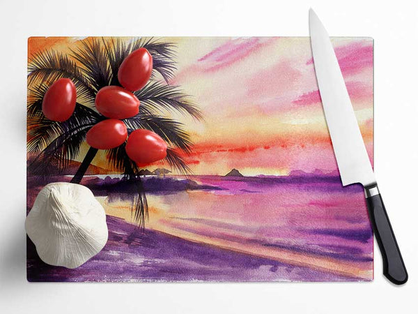 Watercolour Purple Palm Tree Ocean Glass Chopping Board