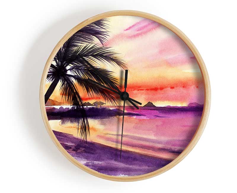 Watercolour Purple Palm Tree Ocean Clock - Wallart-Direct UK