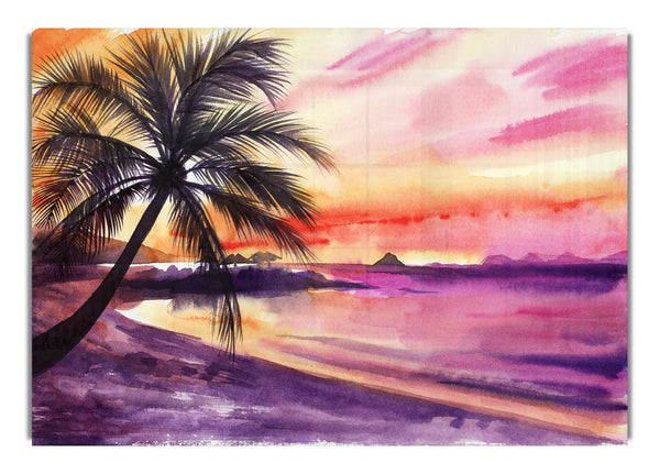 Watercolour Purple Palm Tree Ocean