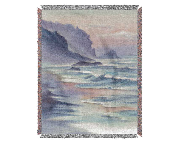 Ocean Waves Against The Mountain Rocks Woven Blanket