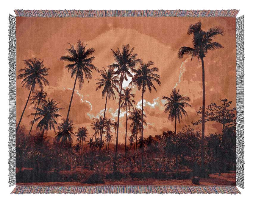 Sun Behind The Palm Trees Woven Blanket