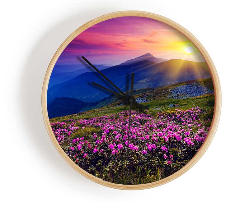 Sunrays Over The Pink Flower Mountain Clock - Wallart-Direct UK