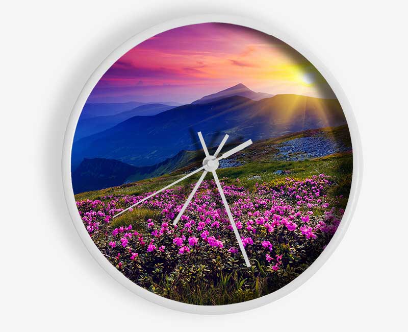 Sunrays Over The Pink Flower Mountain Clock - Wallart-Direct UK