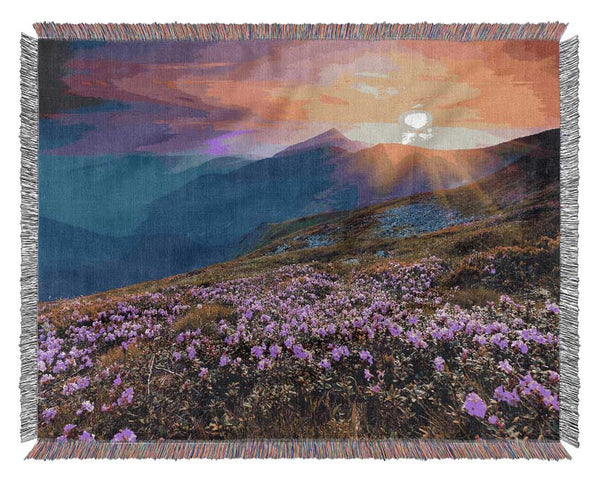 Sunrays Over The Pink Flower Mountain Woven Blanket