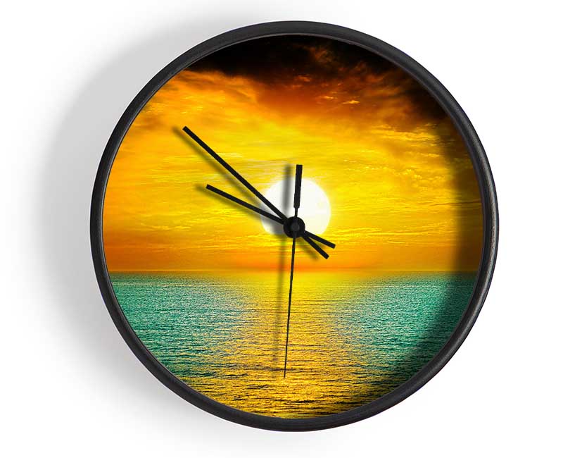 Orange Sun Reflections On The Green Ocean Clock - Wallart-Direct UK