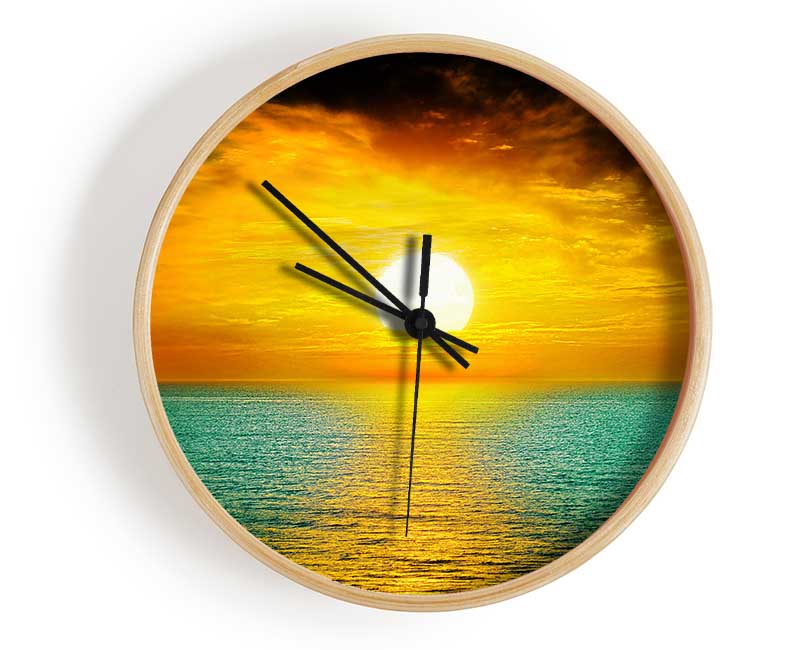 Orange Sun Reflections On The Green Ocean Clock - Wallart-Direct UK