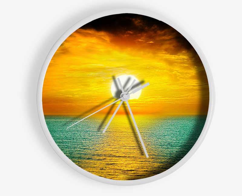 Orange Sun Reflections On The Green Ocean Clock - Wallart-Direct UK