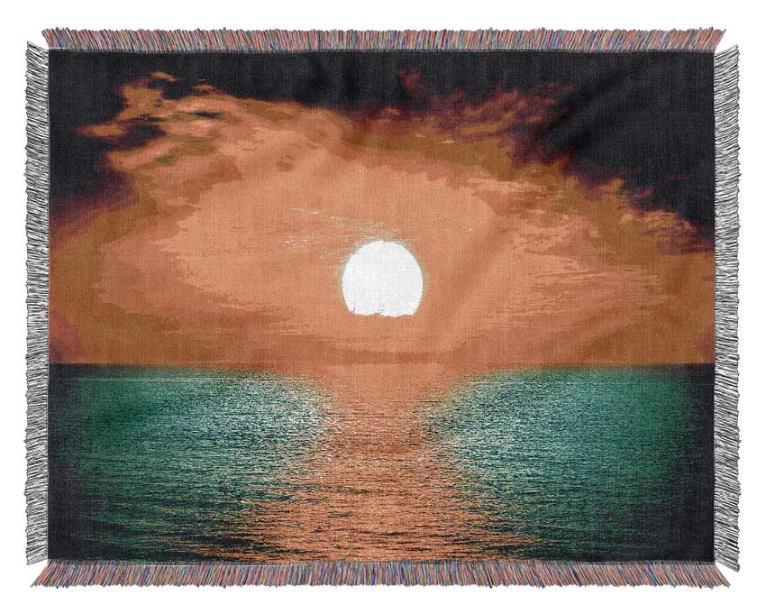 Orange Sun Reflections On The Green Ocean Woven Blanket