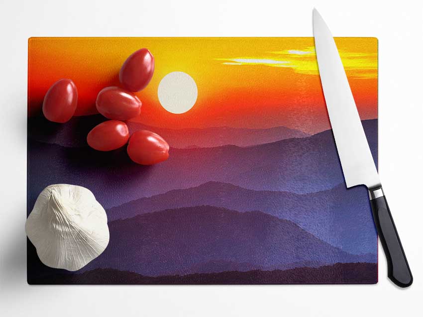 Blue Misty Mountain Sun 2 Glass Chopping Board